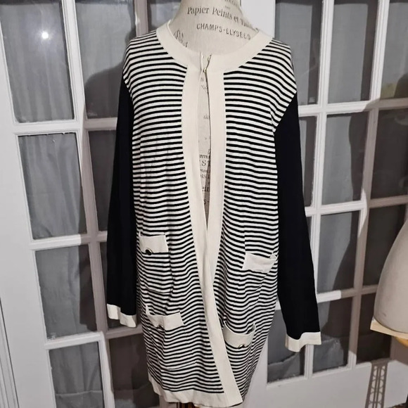 Talbots Womens Black White Long Open‎ Front Cardigan Sweater 2X - Picture 1 of 5